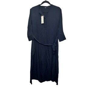 Uniqlo Navy 3/4‎ Sleeve Rayon Shirt Midi Dress M NWT Belted Minimalist
